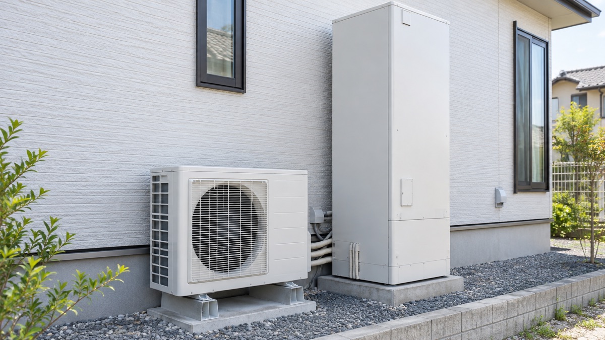 白っぽい外壁の家の横に、エコキュートのヒートポンプと細長い貯湯タンクが並んで置かれている。足もとには砂利が敷かれている