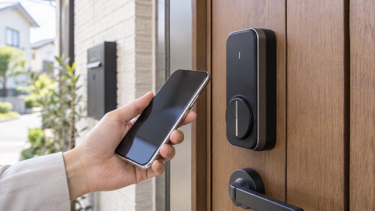 木目の玄関ドアに付いた黒いスマートロックに、スマートフォンを持った手を近づけている。ドアの外には住宅街がぼけて見える
